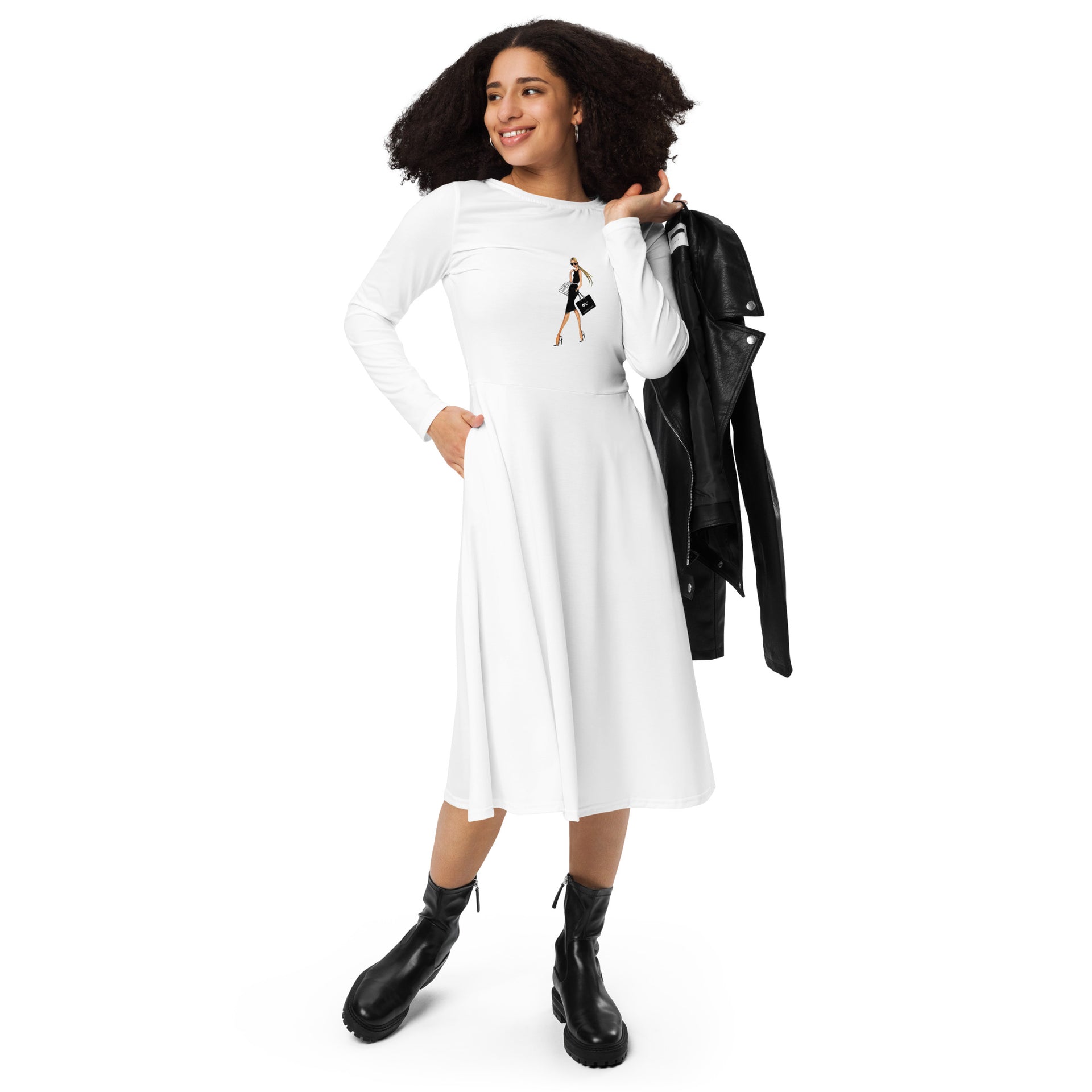 All-over print long sleeve midi dress  OXCHIC